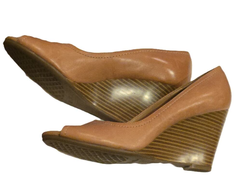 A2 by Aerosoles Tan Leather Peep-Toe Wedge Heels - US Women's Size 8 - See Pics